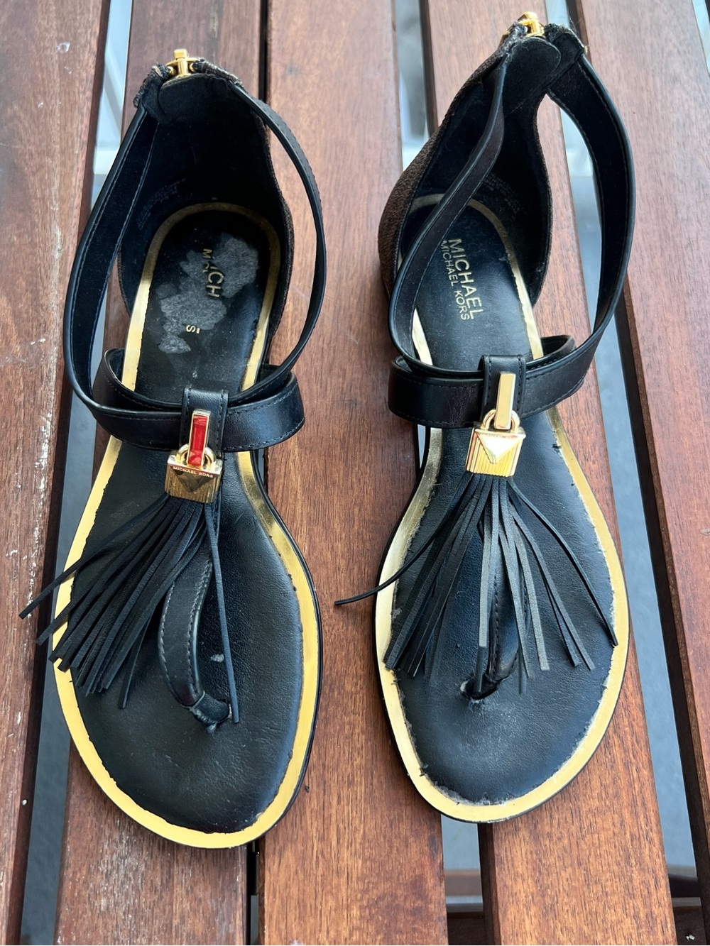 Michael Kors Black Leather Tassel Ankle-Strap Sandals with Gold Accent